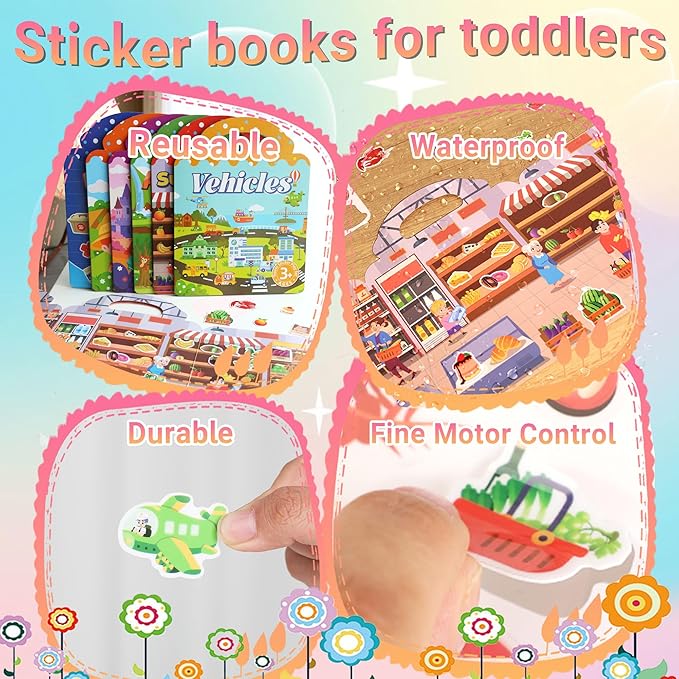 6 Pack Jelly Sticker Books for Toddlers 3+ Years, Reusable Sticker Books for Toddlers 3, Airplane Toys,Farm Vehicles Animals Princess My Body Supermarket Theme