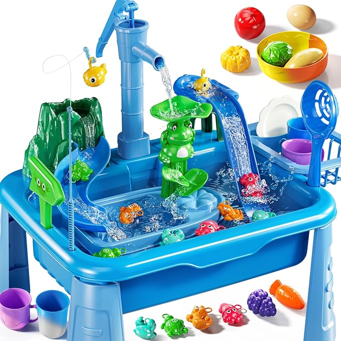 Water Table for Toddlers 1-3- Kids Play Sink with Pump and Running Water, Water Table for Kids Ages 4-8 with Fishing Games, Summer Outside Sensory Gift Toys for Boys and Girls 2 3 4 5 6 7 8