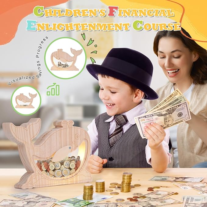Wooden Piggy Bank for Kids, DIY Night Light Personalized Money Bank for Boys, Girls, Unbreakable Saving Box with Paintbrush and 12 Paints, Coin Jar Gifts for Kids Birthday&Decor(Whale)