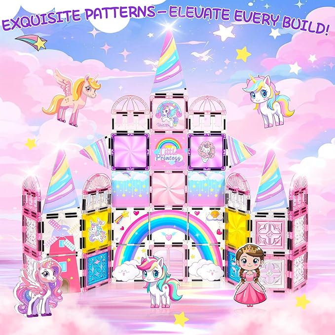 Diamond Magnetic Tiles Unicorns Princess Castle with Magnetic Art Decor Kit, Unicorn Toys for Girl 3 4-6-8, Magnet Tiles for kids 4-8 5 6 7+ Girl Gifts,Magnet Toys Include 5 Dolls,Rainbow,Candy,Decors