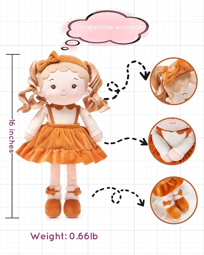 LeyaDoll Personalized Soft Baby Doll (16''), My First Birthday Gift for 1 Year-Old Girls Baby Rag Doll Plush Toys for Toddler Kids Infants -Autumn and Winter Christmas Special -Daydream-Maple-Girl