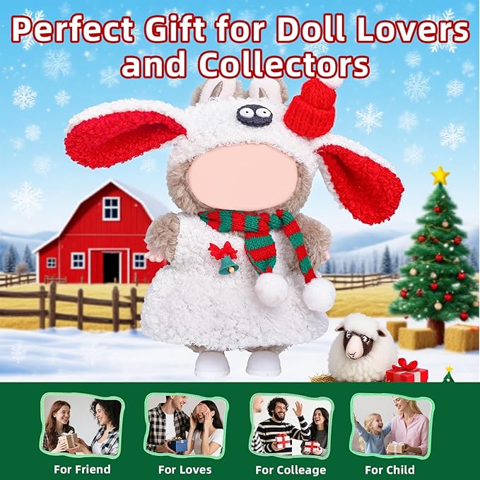 17cm Doll Clothes Designer Set-4 Piece Set Clothing for Dolls, Boys and Girls Stylish Adorable Outfits Clothes Accessories, Includes—Cute Sheep Hat + Plush Dress + Christmas Scarf + Shoes(Style E)