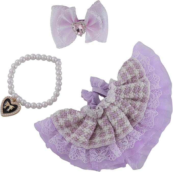17cm Doll Clothes Set 3-Piece Doll Clothing Set with Purple Dress Necklace and Heart Decor Accessories for 17cm Plush Dolls, Clothes Only, No Doll Included