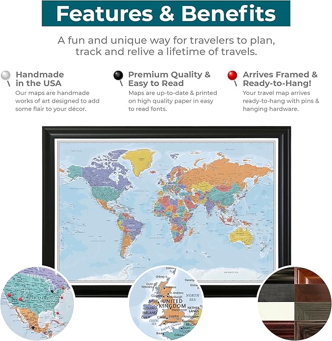 Push Pin Travel Maps - Blue Oceans World - Barnwood Gray Framed Pin Map for Tracking Your Travels - 27.5" x 39.5" - 8 Handcrafted Frame Options - Made in USA - Ideal for Any Traveler