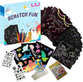 OMTOFUEN 36+9 Scratch Art Paper Kit with Pre-Outlined Template Customizable Paper 4 Follow Boards 8 Scratch Pens 12 Crayons 4 Velvet Clothes for up to 8 Kids Party Gift Birthday Christmas Halloween