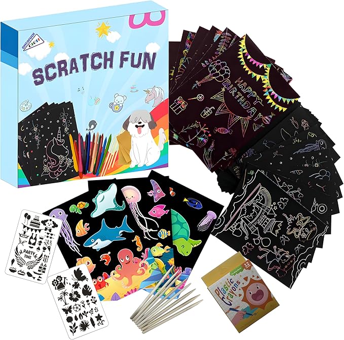 OMTOFUEN 36+9 Scratch Art Paper Kit with Pre-Outlined Template Customizable Paper 4 Follow Boards 8 Scratch Pens 12 Crayons 4 Velvet Clothes for up to 8 Kids Party Gift Birthday Christmas Halloween