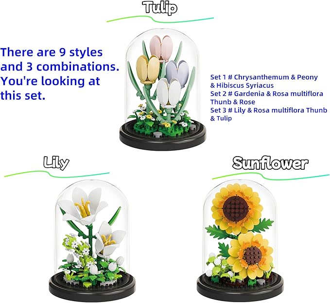 Botanical Flower Micro Blocks Set with Display Cover for Adults and Teens,600 PCS Mini Bricks Artificial Flowers for Birthday and Gift Idea for Significant Other, Lily,Sunflower and Tulip