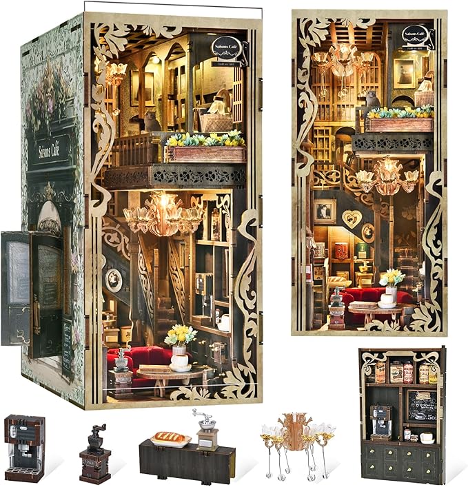 Book Nook Kits for Adults and Teens, DIY Miniature Dollhouse Kit 3D Wooden Puzzle Booknook Bookend with LED Light, Gifts for Family, Friends (Saison Café)