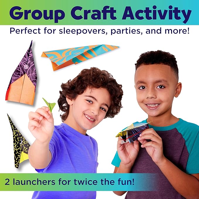 Creativity for Kids Paper Airplane Kit - Stunt Squadron Neon Glow, Makes 70 Paper Airplanes and 2 Plane Launchers, STEM Birthday or Christmas Gift, Craft and Activity Set for Boys (Ages 6-8+)