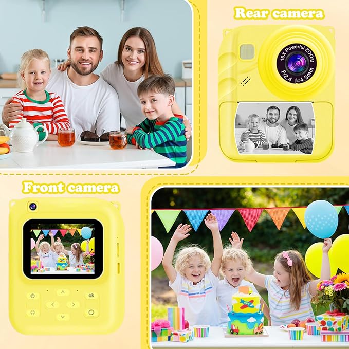 Instant Print Camera for Kids, 1080P Video Camera with 3 Print Rolls, 32GB Card & Cute Cover, Gift for Girls Boys Age 3-12, Toddler Digital Camera with Games, Filters, Music – Yellow