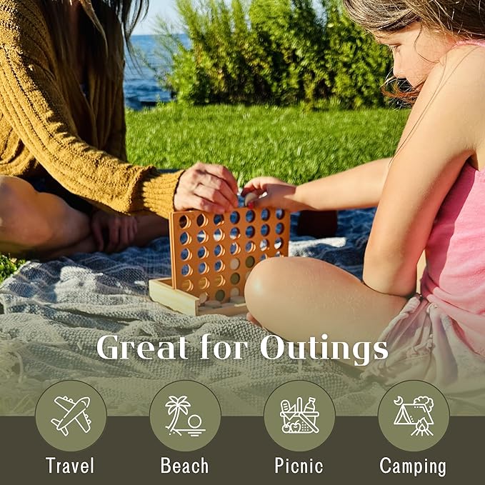 Neutral Wooden Four in a Row Game, Aesthetic Two Player Montessori Travel Board Game for Kids and Adults, Perfect Coffee Table Decor and Housewarming Gift