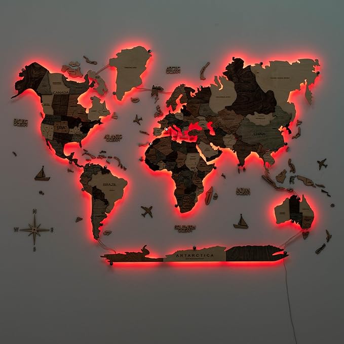 Enjoy The Wood 3D Wood World Map LED 3.0 Wall Art Modern Home Decor Gifts LED Lighting Wall Decor Housewarming Gift (Smokey)
