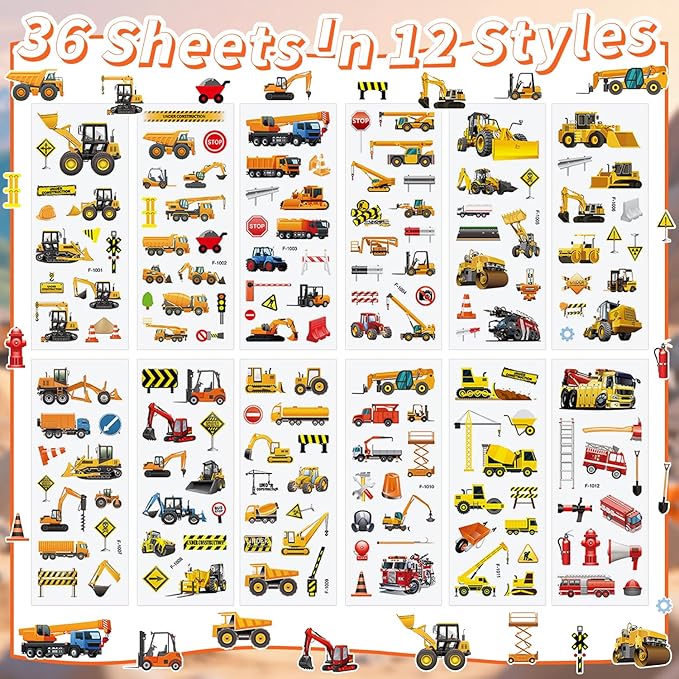 36 Sheets 3D Construction Stickers for Kids (900+), Bulk Puffy Truck Stickers - Excavator, Bulldozer, Crane with Safety Signs & Tools for Boys Crafts, Rewards