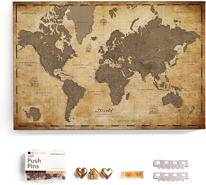 Canvas World Map with Cork Pin Board - English Lettering - Decorative Wall Decoration for All Rooms - Canvas Pictures with World Map Motif (150x100 cm, Pattern 1)