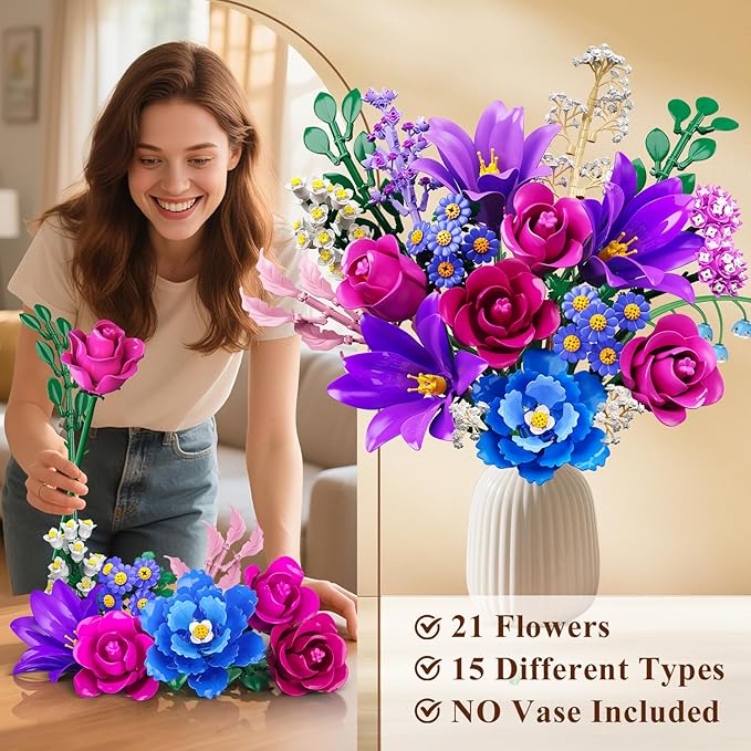 Flowers Bouquet Building Set with LED Light, 21 Flower Botanical Collection Building Block Toy, Rose Lily Plants Home Office Decor 1054PCS, for Her Adults Women Kids Girls 12+ (Purple)