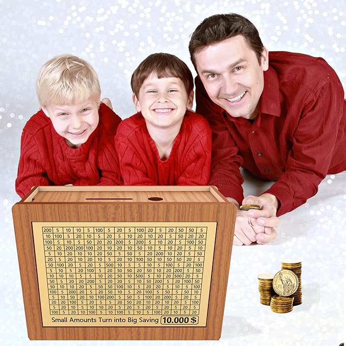 Piggy Bank for Adults Kids, Wooden Coin Bank for Boys and Girls, Cash Vault Money Saving Box with Counter $10000 $5000 Savings Challenge Money Box with Money Target and Numbers (Brown Box+ 13 Sheets)
