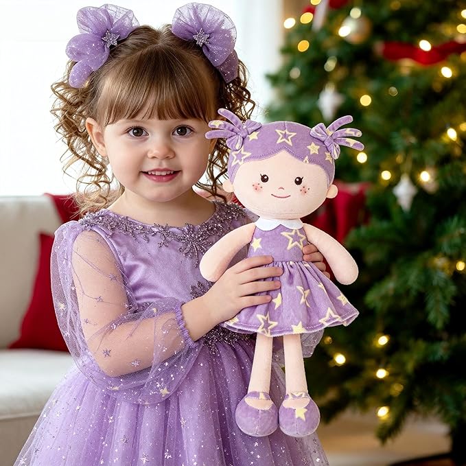 Onetoo Rag Doll Plush Baby Dolls Soft Baby Doll for Girls First Baby Doll Plush Sleeping Cuddle Buddy Doll Wear Star Purple Sleeveless Dress 14"