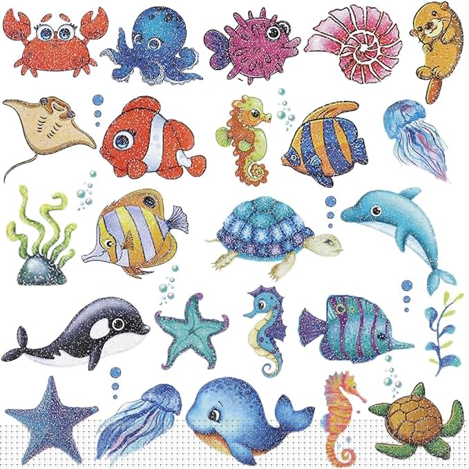 Glitter Ocean Sea Animals Temporary Tattoos for Kids - 120+ Cartoon Ocean Animal Fake Tattoos for Girls Boys Birthday Party Supplies Favors, Baby Shower