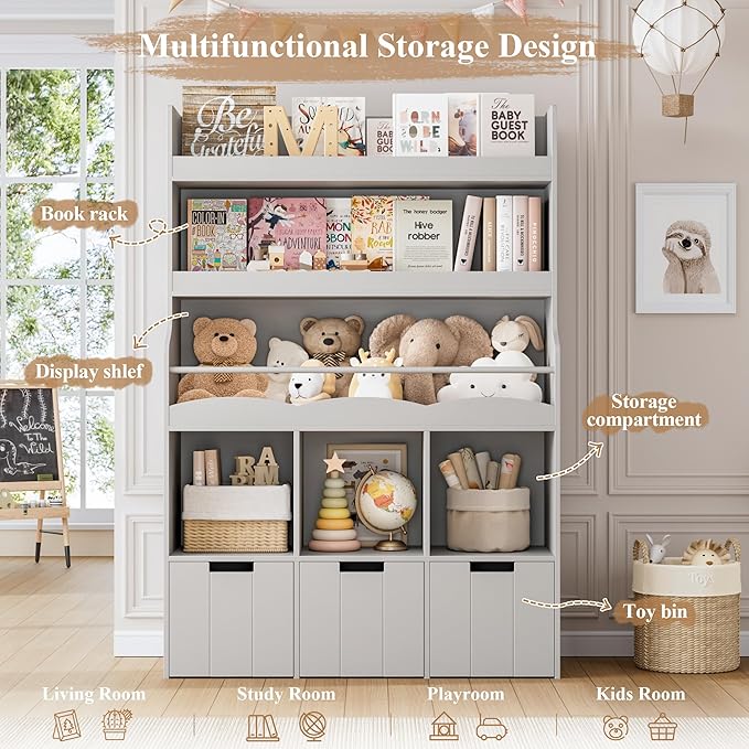 HITHOS 55.3" H Kids Bookshelf with Toy Storage Organizer, Tall Book Shelf with 3 Movable Toy Storage Bins, Large Kids Bookcase with Toy Chest, 39.2" W Modern Toys Box for Kid Room, Playroom, Gray