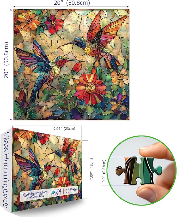 Stained Glass Flower Bird Puzzles for Adults 500 Pieces Colorful Mosaic Hummingbird Jigsaw Puzzles 500 Pieces with Letters on Back Hard Impossible Difficult Challenging Family Puzzle (20"X20")