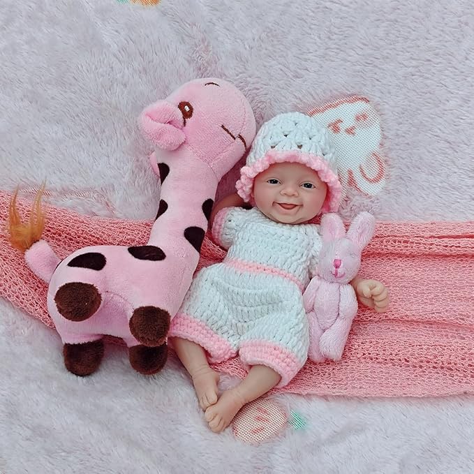 7" Cute Reborn Baby Dolls Girl, Full Silicone Baby Dolls, Realistic Soft Silicone Newborn Baby Doll, Real Full Body Silicone Reborn Baby Dolls with Feeding Accessories&Gift Box