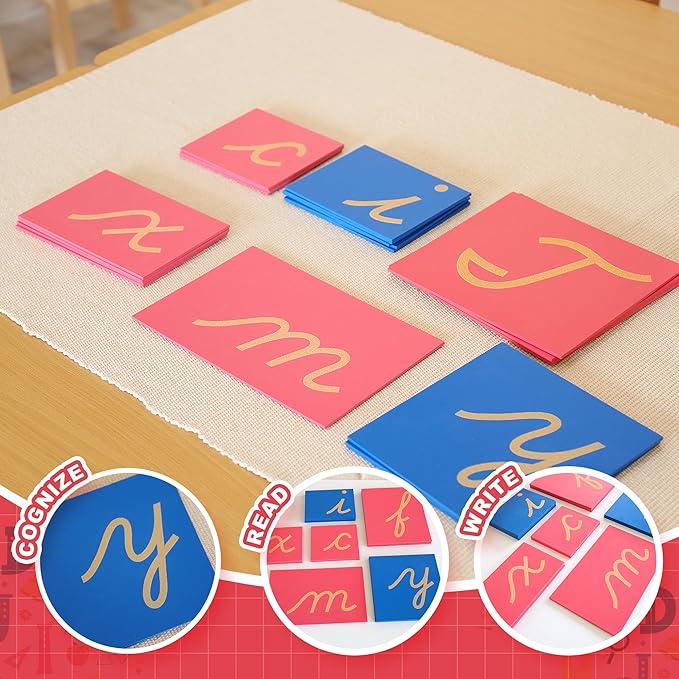 MONTESSORI OUTLET Woonden Sandpaper Letters Lower Case Cursive Toys for Early Childhood Kids Alphabet Educational Material