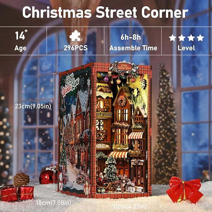 DIY Miniature House Kit, Mini House Building Kit, DIY Book Nook Kit, Tiny Model House for Adults to Build, Beginner 3D Wooden Book Nook, for Family Friends (Christmas Corner)