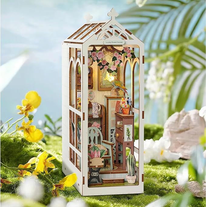 DIY Book Nook Kit, 3D DIY Miniature Dollhouse Kit, Wooden Booknook Bookshelf Insert Decor, Wood Dollhouse Bookend Model, Gift for Adults, Garden House