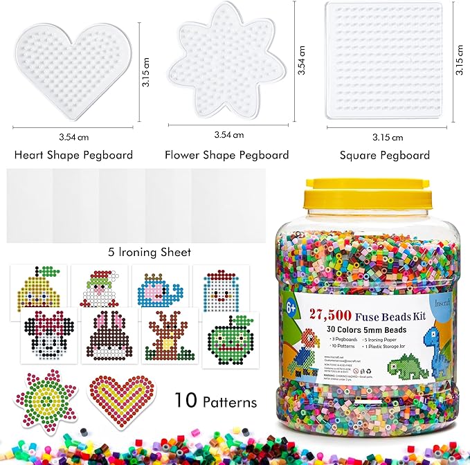 INSCRAFT 27,500 pcs Fuse Beads Kit for Kids Crafts, 30 Colors Iron Beads Set with 3 Pegboards, 5 Ironing Paper, 10 Patterns, Gifts for Birthday Christmas, Multicolor 5mm Melty Beads Bulk Refill Kit
