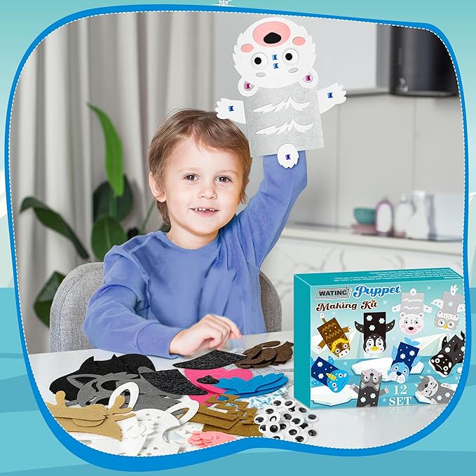 WATINC 12 Pcs Hand Puppet Making Kit, Art Craft Felt Sock Puppet Toys, Creative DIY Make Your Own Pompoms Wiggle Googly Eyes Storytelling Role Play Party Supplies Gift for Girls Boys (Polar Animals)