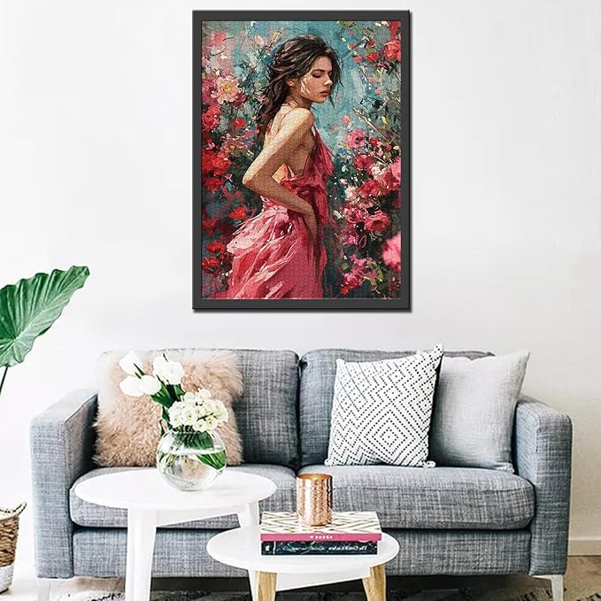 Pink Dress Women Puzzles for Adults 1000 Pieces Beautiful Girl 1000 Piece Jigsaw Puzzle - Pretty Girl Colorful Flowers Romantic Garden Puzzles Art Family Game, Adult Birthday Puzzle