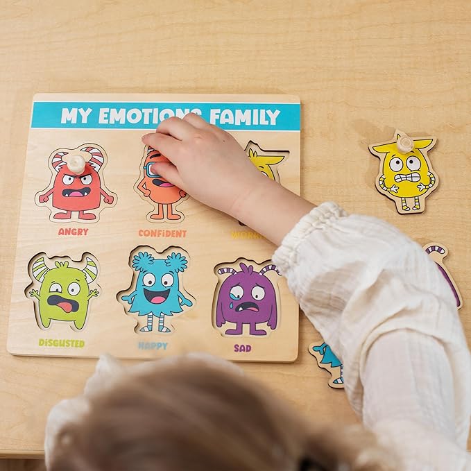 Open The Joy My Emotions Family Peg Puzzle – Emotional Recognition & Social Skills Puzzle for Kids | Montessori-Style Wooden Puzzle with 6 Emotion Pieces | Ages 4+