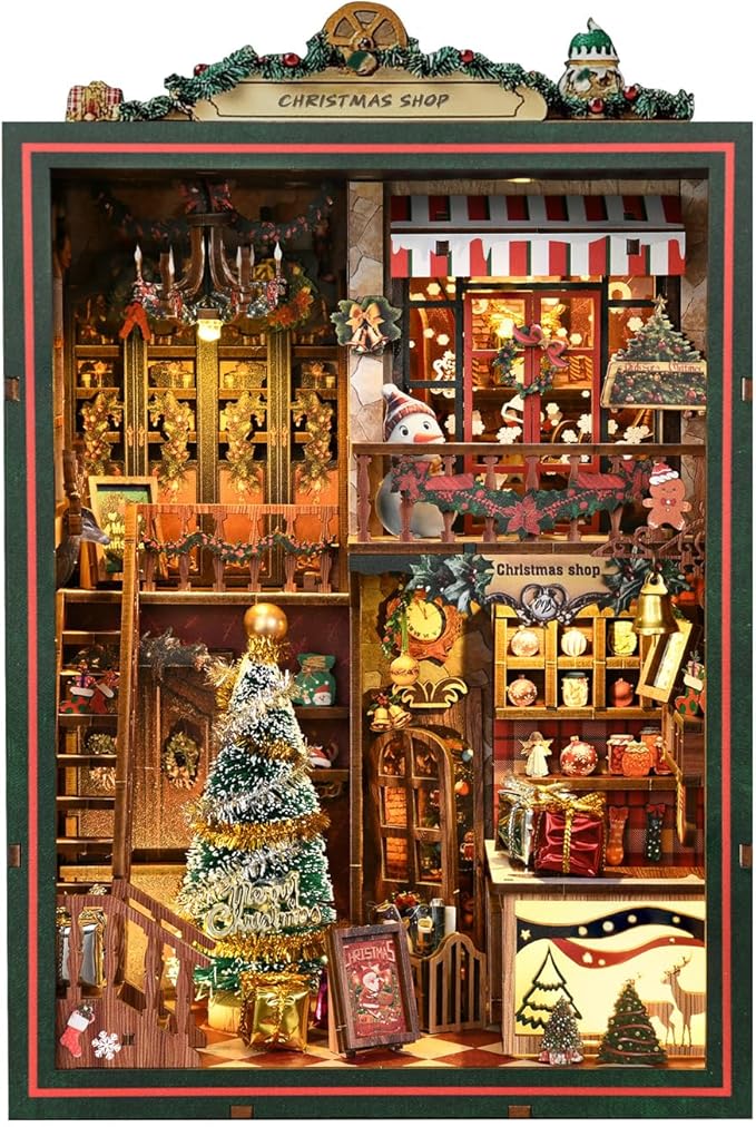 Christmas Shop,Book Nook Kit for Adults: Wooden 3D Puzzle DIY Miniature House Kit Tiny House with Lights and Music，Dollhouse Craft for Adults, Teens & Beginners，Gift for Family, Friends