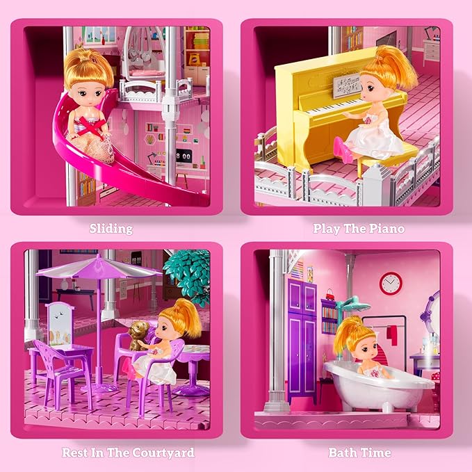 Villa Playset for Girls Ages 3-7, 4-Storey House with 10 Rooms, 2 Dolls, Furniture and Accessories, Indoor Playset Girls Toys for Ages 6-8, Pretend Toddler Toys, Birthday Gifts for Kids 4-8