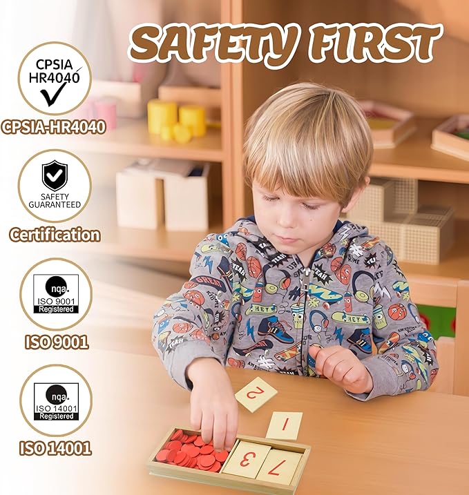 Montessori Wooden Math Counters with Number Cards & Chips 1-10 for Kids 3+ Years Old, Montessori Cards & Counters with Storage Box for Toddlers Math Learning, Preschool Math Toys for Classroom