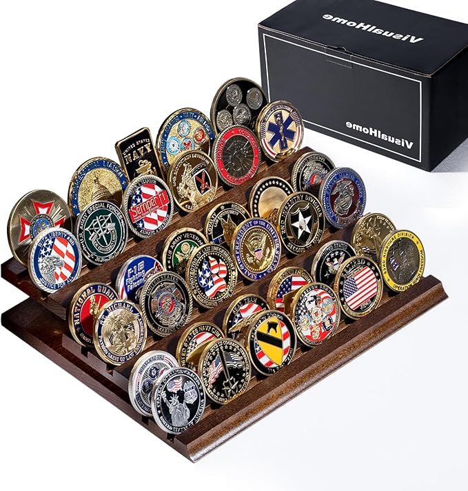 Handmade 3-Tier Challenge Coin Display Case - Holds 40+ Military Coins - Walnut Finish Wooden Holder for Desk Display - Premium Gift for Collectors & Armed Forces (Retirement, Promotion)