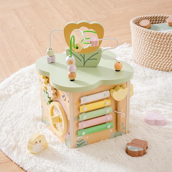 ROBUD Wooden Activity Cube, Educational Wooden Toys with 7 Functional Areas, Montessori Toys for 1+ Year Old Boys & Girls, Flower Bush Theme