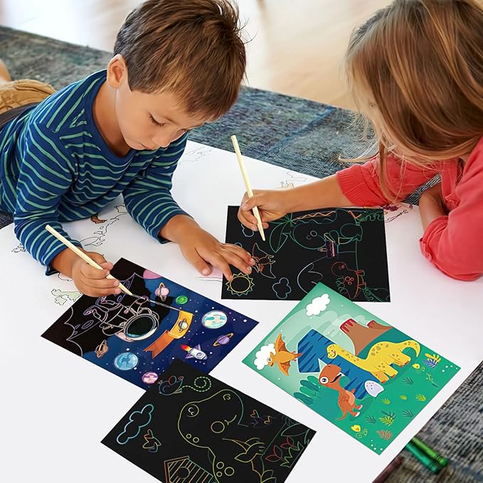 KSIWRE 3 Set Scratch Paper Art for Kids, Magic Rainbow Scratch Art with 3 Scratch Pen, Colorful Painting Book Gifts for Kids Boys Girls (Dinosaurs/Spaceman/Cute Animal)