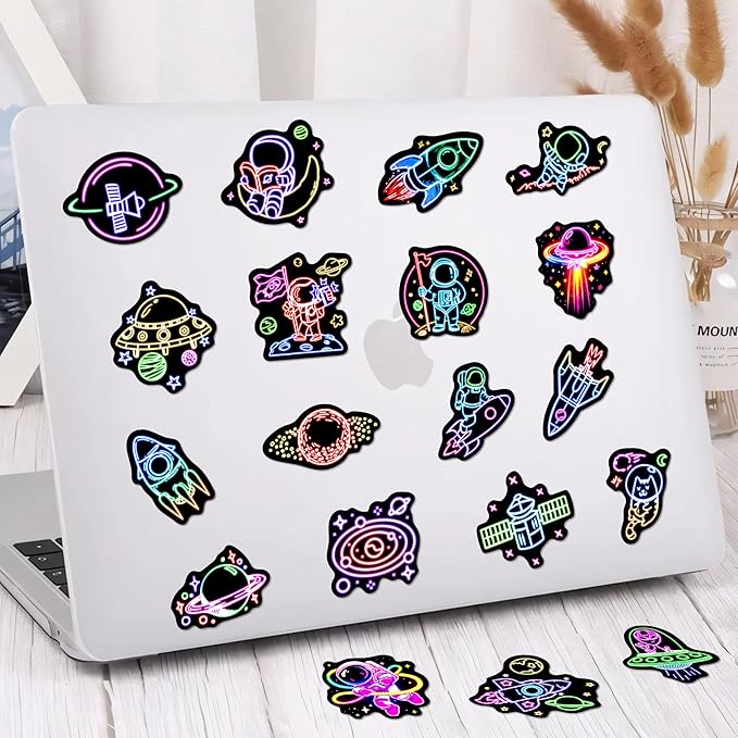 52 Pcs Neon Astronaut Stickers for Kids, Waterproof Space Sticker for Water Bottle, Vinyl Laptop Decals for Teens Girls Boys, Students Adults Sticker Pack