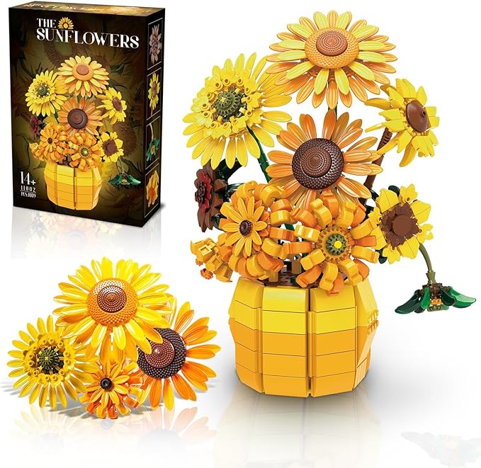 Sunflower Building Set Flowers with Vase for Adult, Compatible with Lego Flowers, 1009pcs Art Bonsai Botanical Collection for Home/Office Decor, Gifts for Mother's Day and Valentine's Day