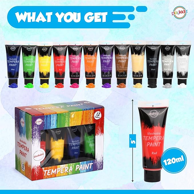 12PCS Washable Tempera Paint Set for Children (4 oz Each), Non-Toxic Kids Paint for Arts and Crafts, Kid Friendly, Kid Safe Finger Paint Set, Color, Craft, Create and Party