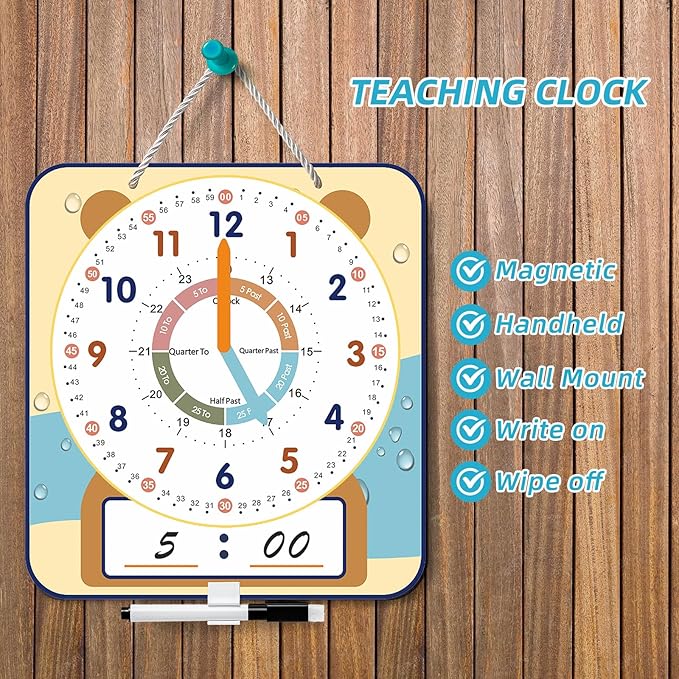 Large 12" Magnetic Writable Dry Erase Teaching Clock with Cute Style, Teaching Demonstration Clock for Kids Learning Practice Time for Home School Classroom Supplies (12" x11"-Beige)