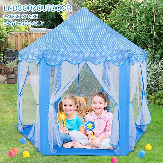 Sumbababy Princess Castle Tent for Girls Fairy Play Tents for Kids Blue Hexagon Playhouse with Fairy Star Lights Toys for Children or Toddlers Indoor or Outdoor Games (Blue Princess Tent)