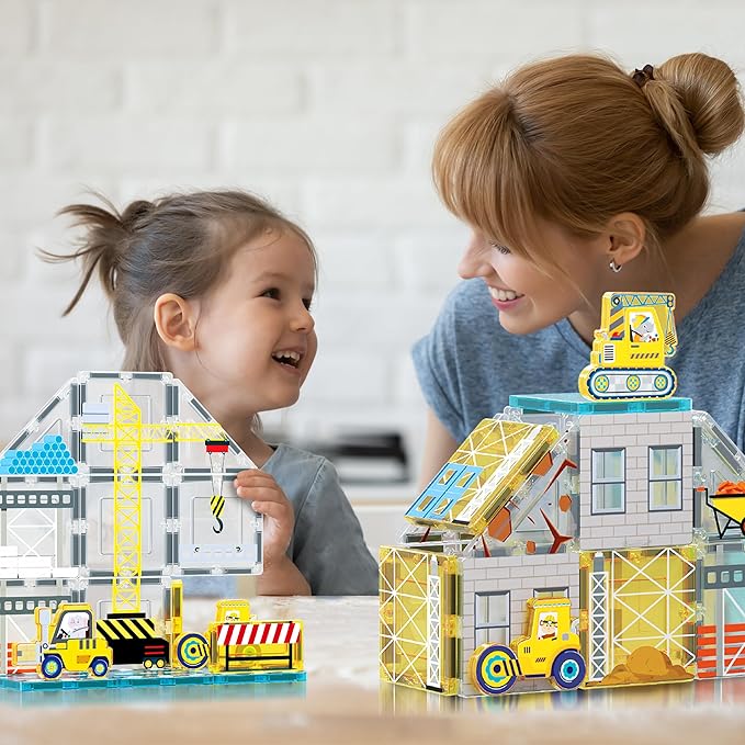 PicassoTiles Magnet Tiles Magnetic Building Blocks with 8 Construction Vehicles Crank Truck Excavator Bulldozer Road Roller Concrete Mixer Tractor Dump Truck Forklift Toys Learning Kids Ages 3+ PTQ11