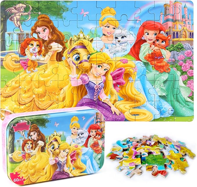 Princess Puzzles for Kids Ages 4-8, 60 Pieces for Kids Ages 3-5 Princess Puzzle for Girls and Boys Toys Jigsaw Puzzles in a Metal Box Educational Puzzles (Princess)