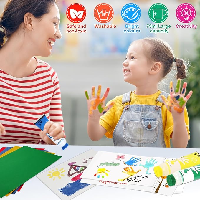 Washable Finger Paint for Toddlers, 8 Colors Large Capacity (2.54fl Oz) with Sponge Tip, Non-Toxic Baby Safe Paint for Hand and Feet, Art Supplies, Preschool Learning Gifts, Ages 1-3 4 5 6+