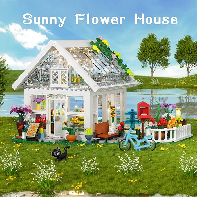Flower House Building Set with LED Light, Garden House Fountain Countyard Buiding Toy with Flowers Potted & Cat Playset, Greenhouse Model Xmas Decor Gifts for Adults Friends Girls 6+