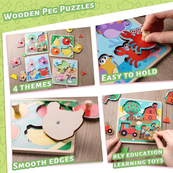 LovesTown Wooden Peg Puzzles Learning Toys Montessori Educational Knob Puzzle with Handles for Toddlers Preschool Kids 4 PCS