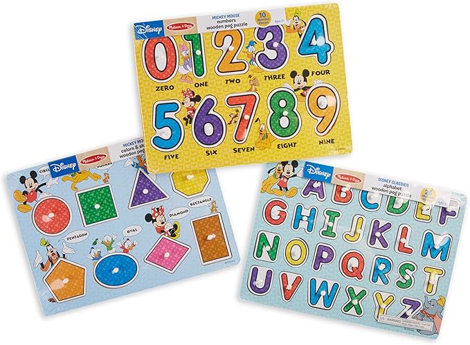 Melissa & Doug Disney Wooden Peg Puzzles Set: Letters, Numbers, and Shapes and Colors