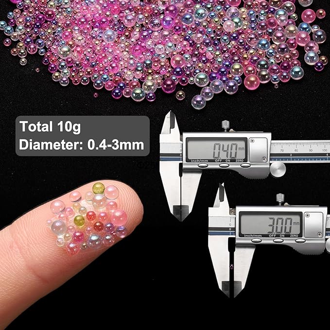 Iridescent Glass Tiny Bubble Beads, 0.4-3mm 10g No Hole Micro Mini Round Pink Water Droplets Beads - Applications: for Resin Filler, Nail Art, Dollhouse Bath Tub